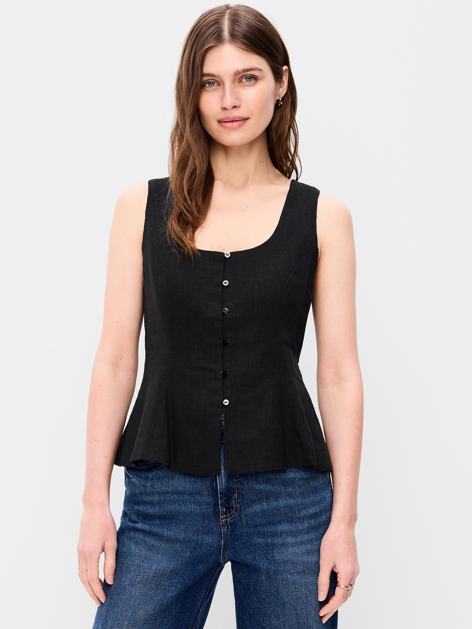 Button-Down Linen Blend Top