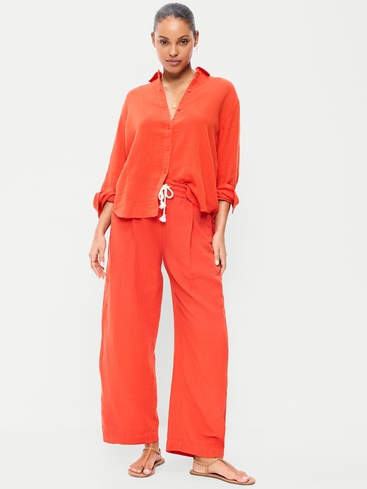 High-Waisted Crinkle Gauze Barrel Ankle Pants