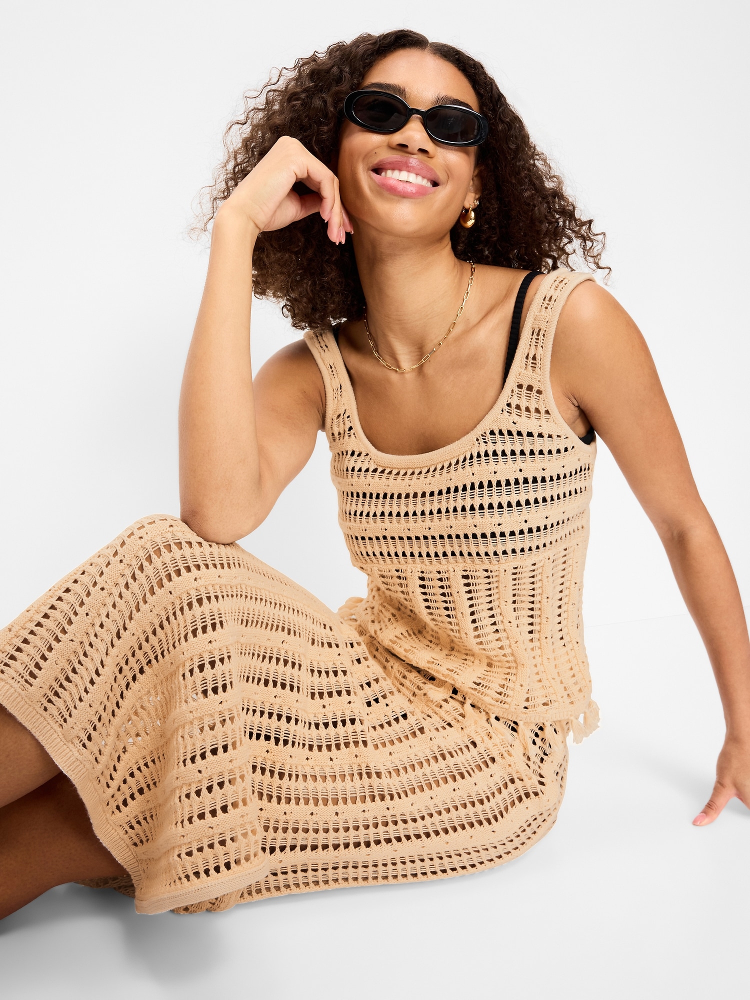 Open-Weave Seaside Cotton Fringe Tank Top