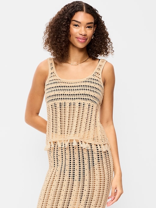 Image number 1 showing, Open-Weave Fringe Tank Top