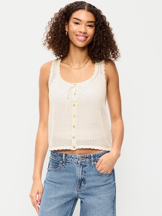 Image number 1 showing, Sleeveless Crochet Button-Front Tank Top