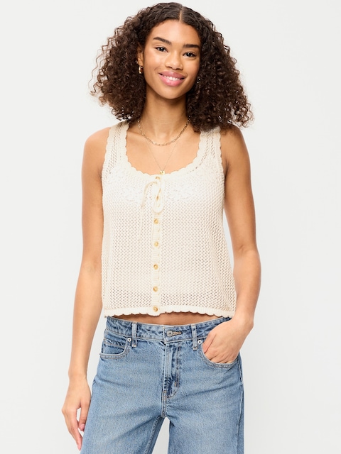 Sleeveless Crochet Button-Front Tank Top