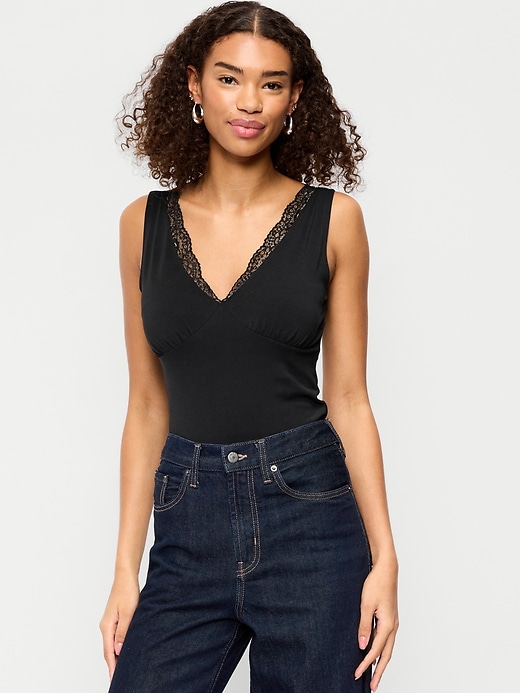 Image number 1 showing, Sleeveless Lace-Trim V-Neck Ribbed Top