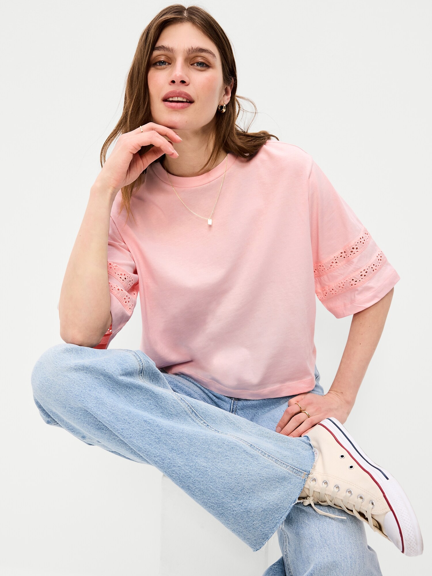 Женская футболка Old Navy Vintage Crew-Neck Cropped Lace-Trim, цвет: Пастельный розовый — фото 3