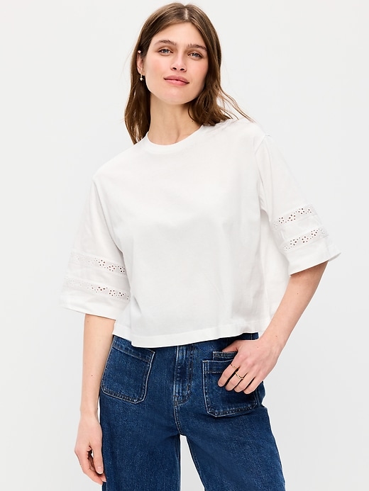 Image number 1 showing, Vintage Crew-Neck Cropped Lace-Trim T-Shirt