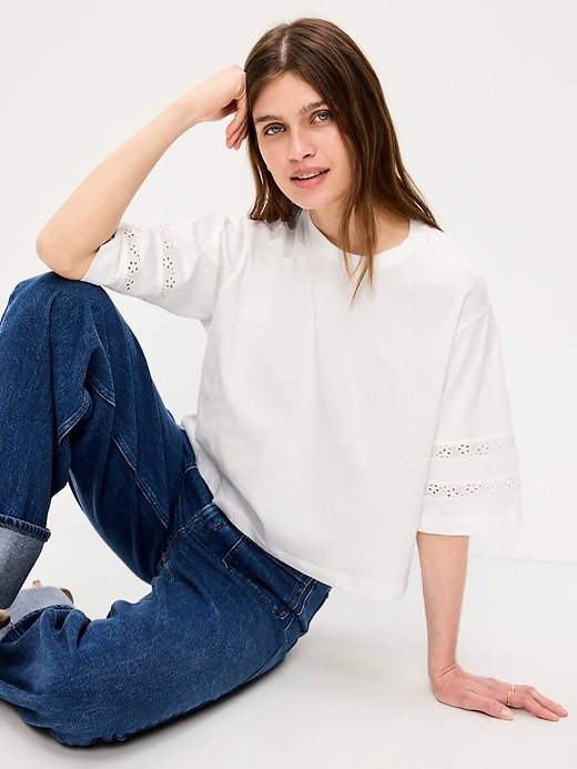 Image number 3 showing, Vintage Crew-Neck Cropped Lace-Trim T-Shirt