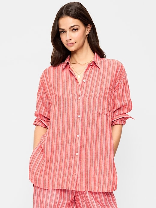 Image number 1 showing, Linen-Blend Loose Button-Down Shirt