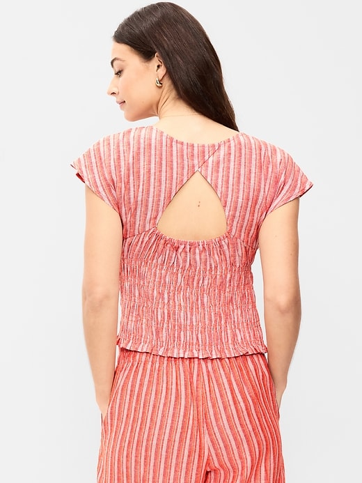 Image number 2 showing, Linen-Blend Short-Sleeve Smocked Top