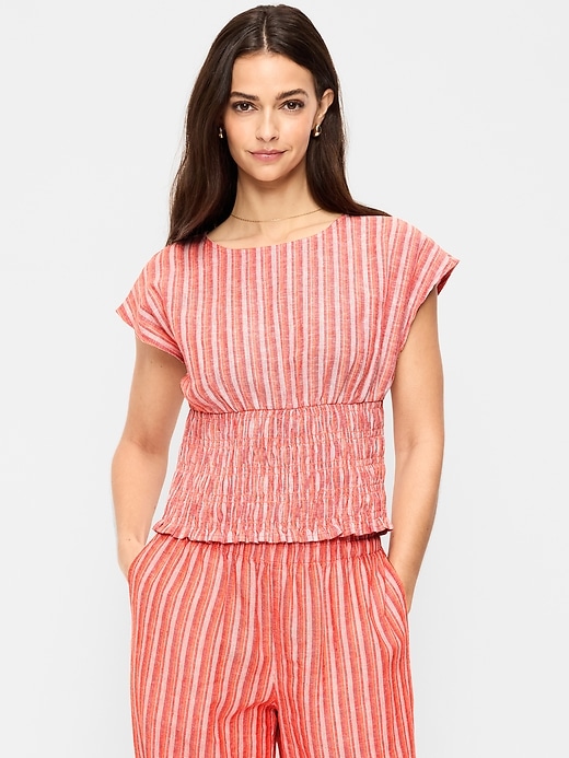 Image number 1 showing, Linen-Blend Short-Sleeve Smocked Top