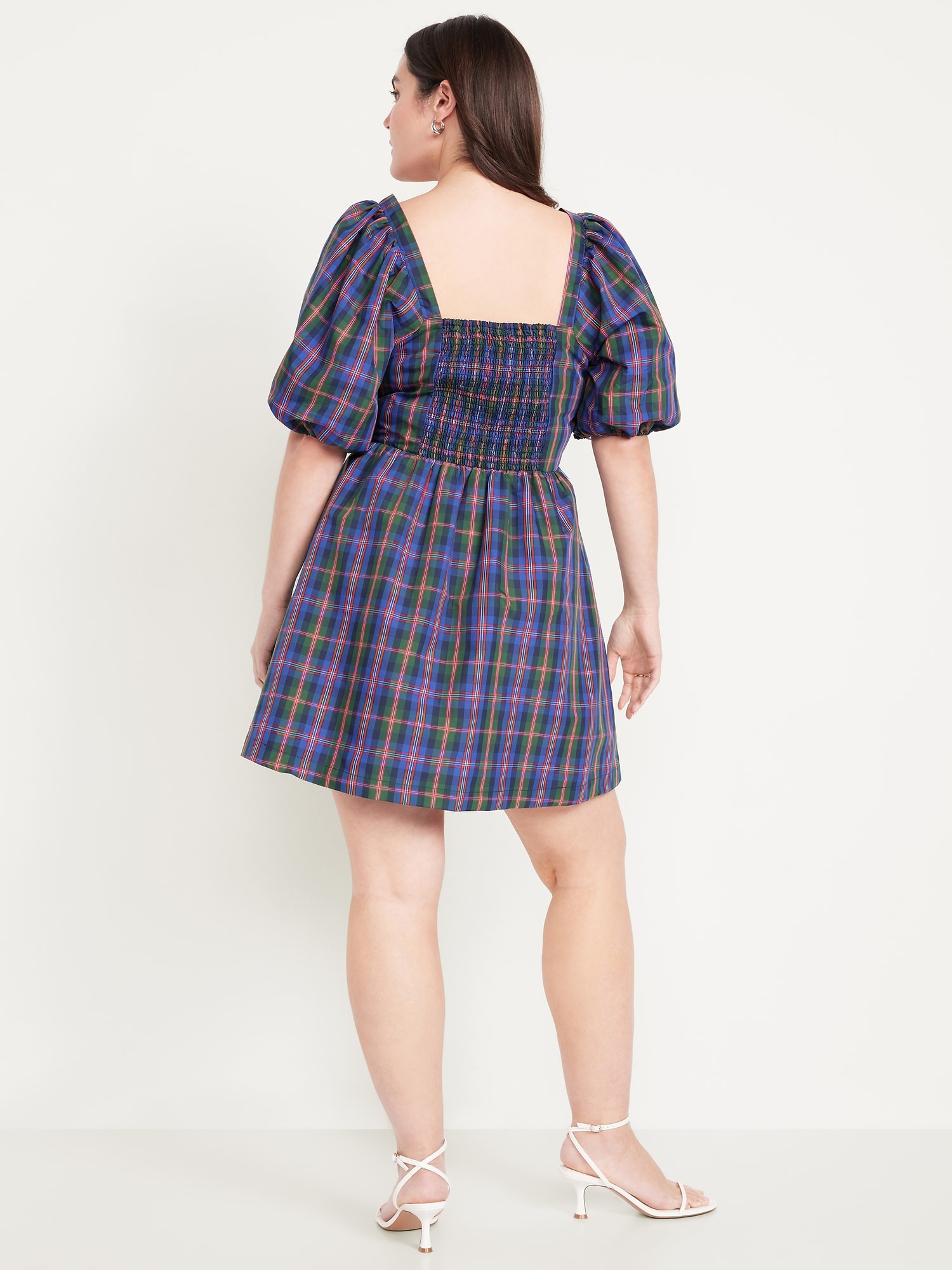 Puff-Sleeve Plaid Fit & Flare Taffeta Mini Dress