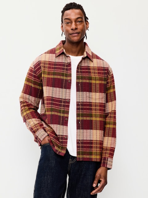Loose Fit Textured Plaid Pocket Shirt