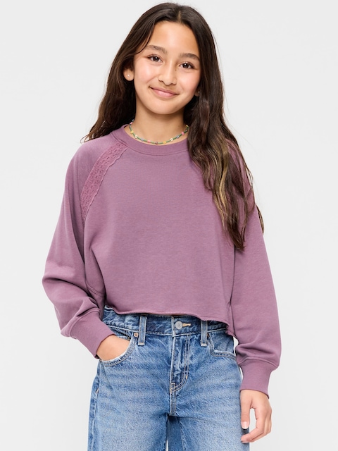 Lace-Trim French Terry Cropped Sweatshirt for Girls