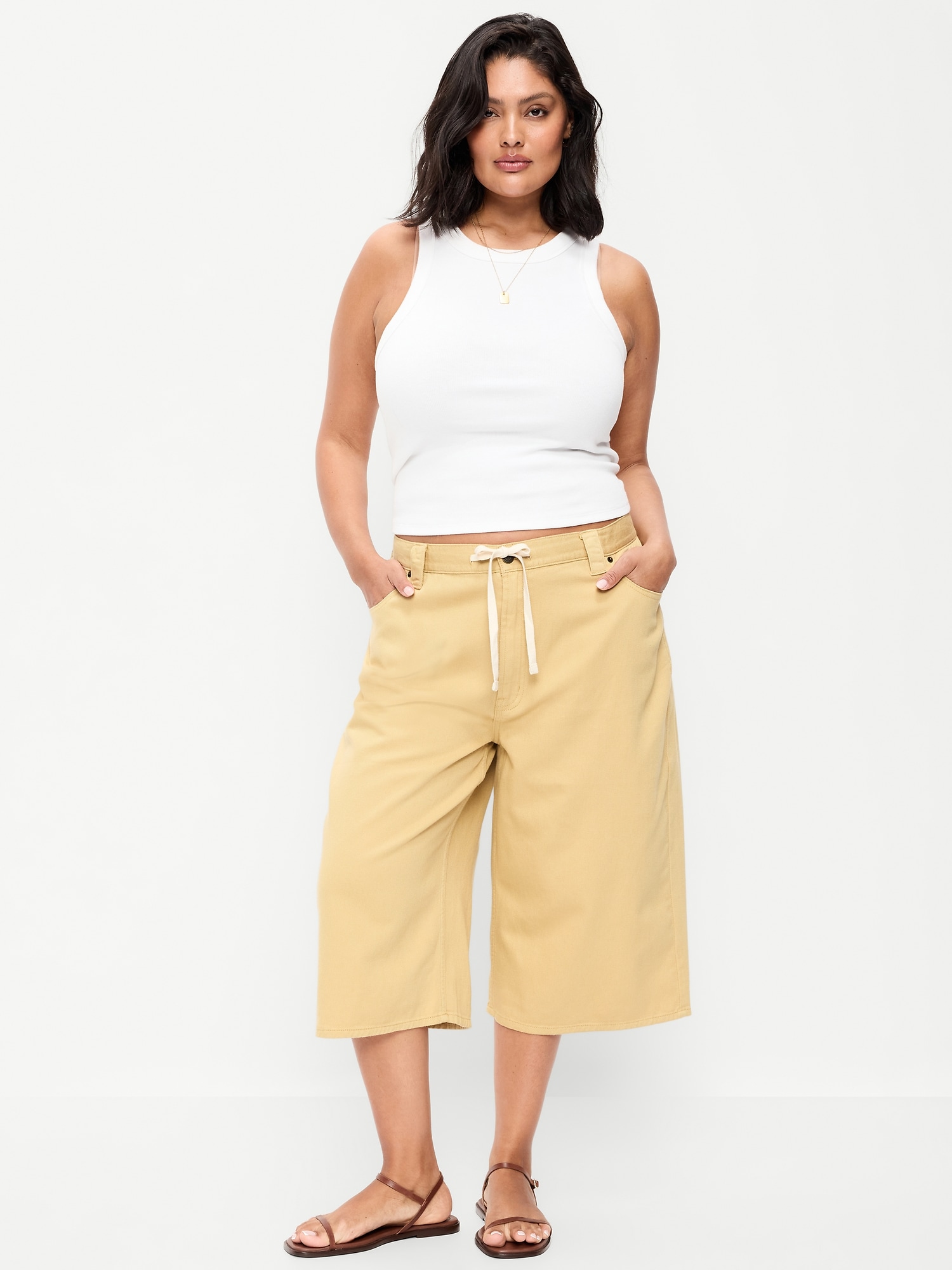 Mid-Rise Baggy Drawstring Wide-Leg Culotte Pants