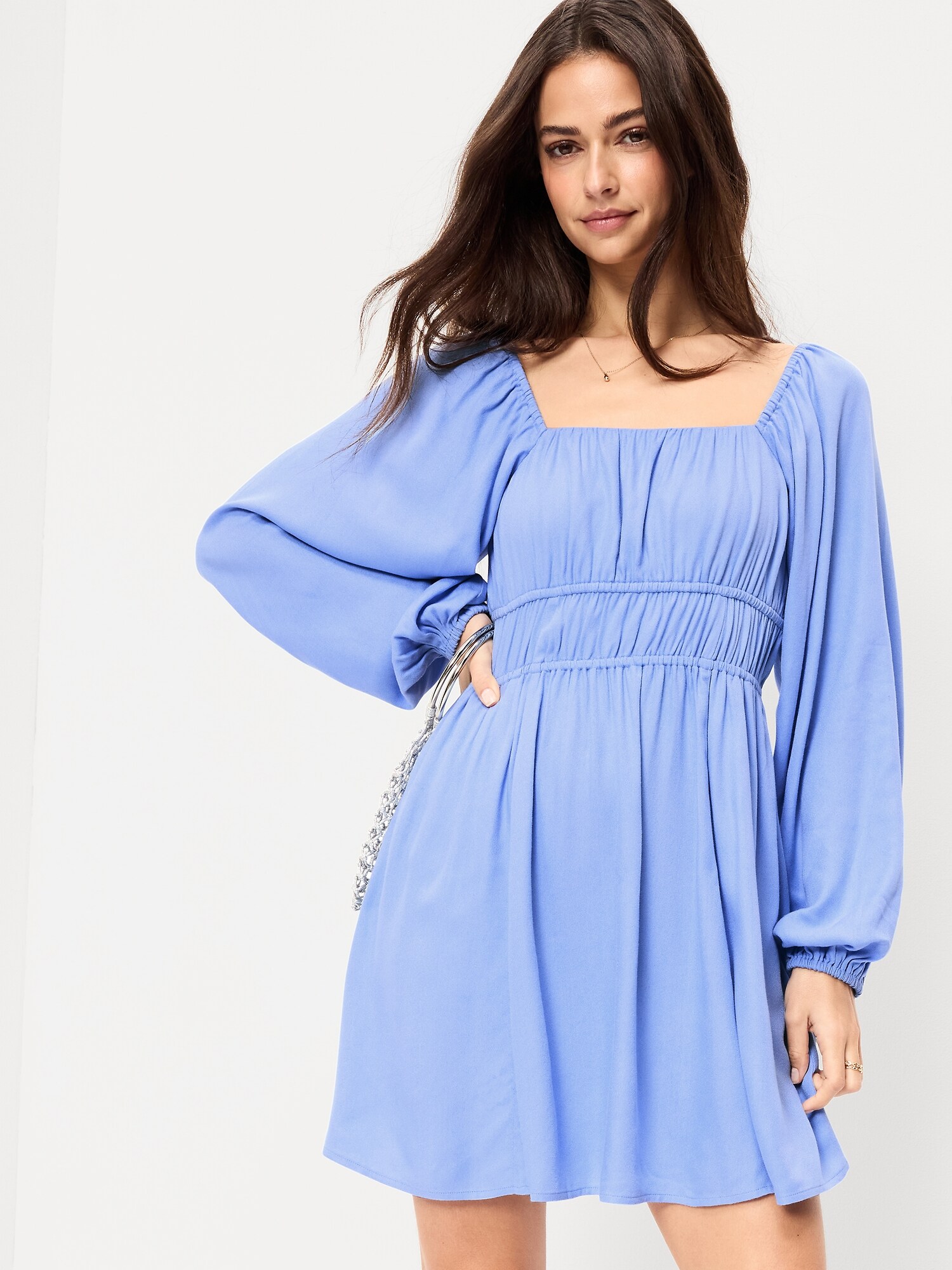 Long-Sleeve Square-Neck Mini Dress