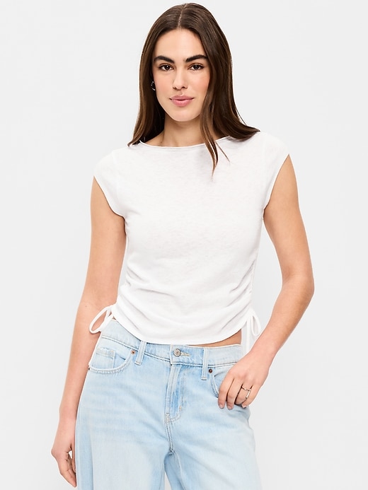 Image number 1 showing, Cap-Sleeve Shirred Side Top