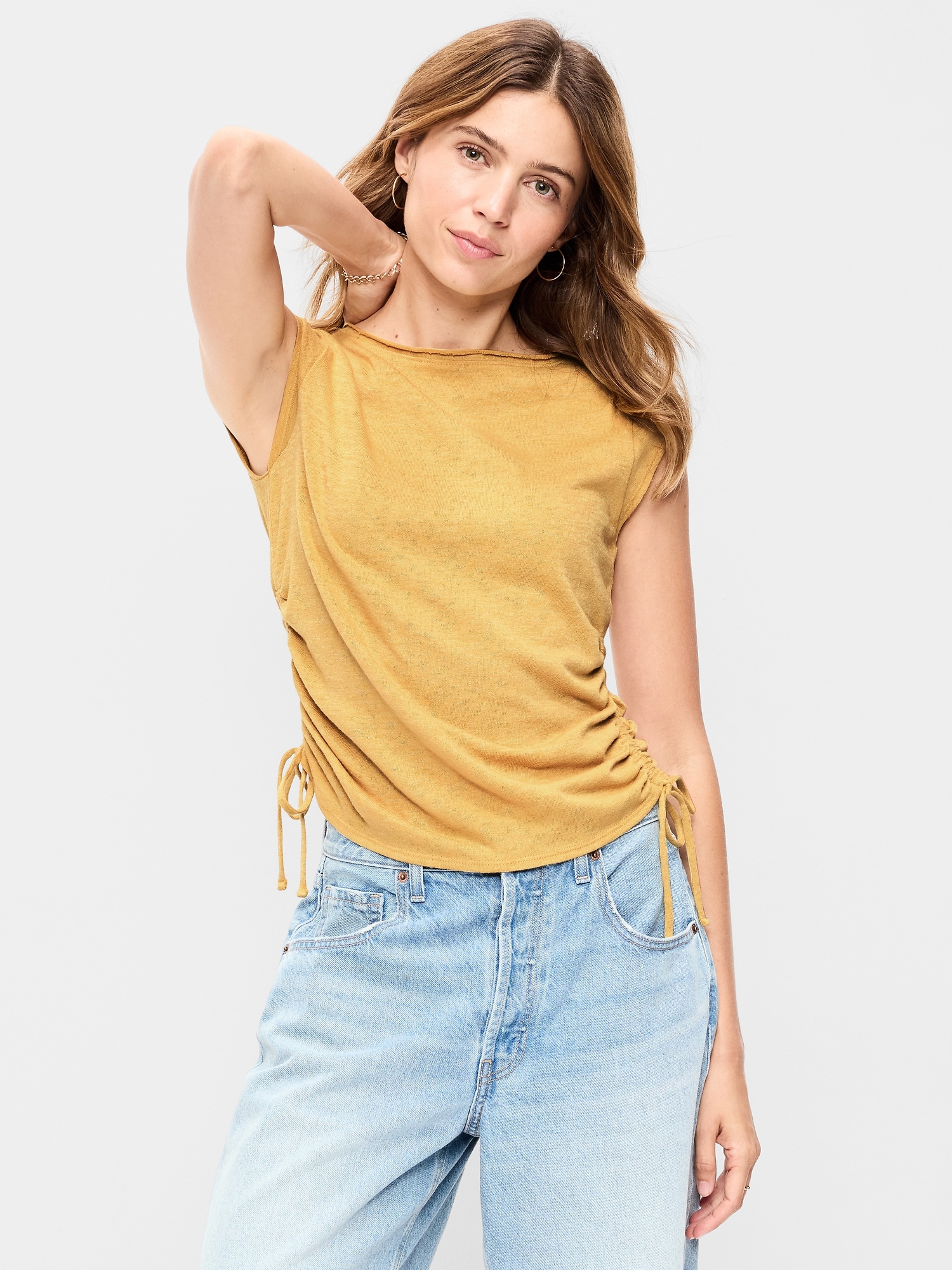 Cap-Sleeve Shirred Side Top
