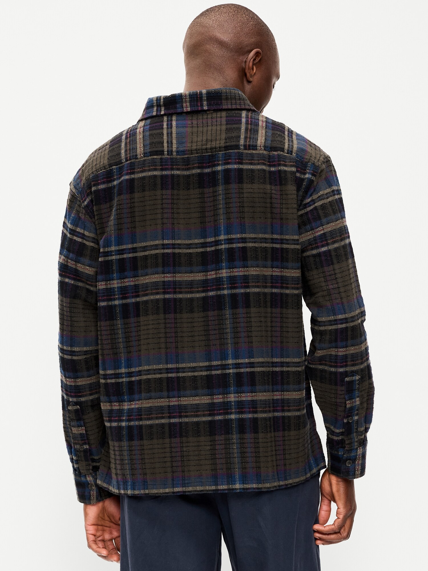 Мужская рубашка Old Navy Loose Fit Textured Plaid Pocket, цвет: Чёрный клетчатый — фото 2