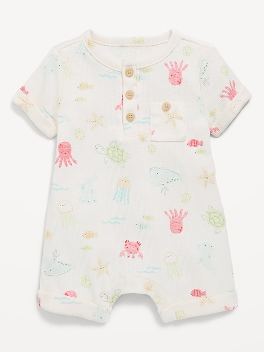 Image number 1 showing, Printed Ribbed Henley Pocket One-Piece Romper for Baby