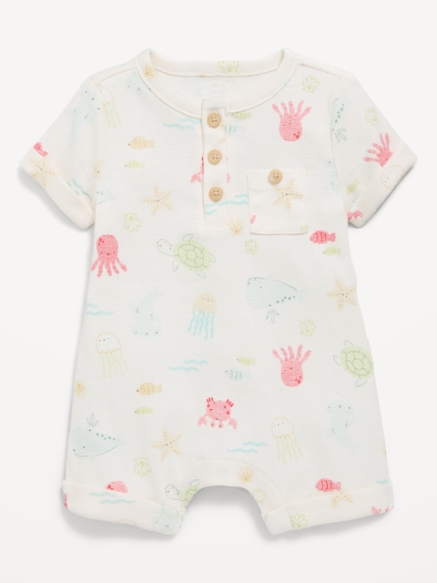 Printed Ribbed Henley Pocket One-Piece Romper for Baby
