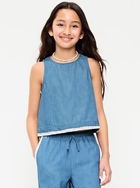 Image number 1 showing, Sleeveless Lace-Trim Chambray Top for Girls