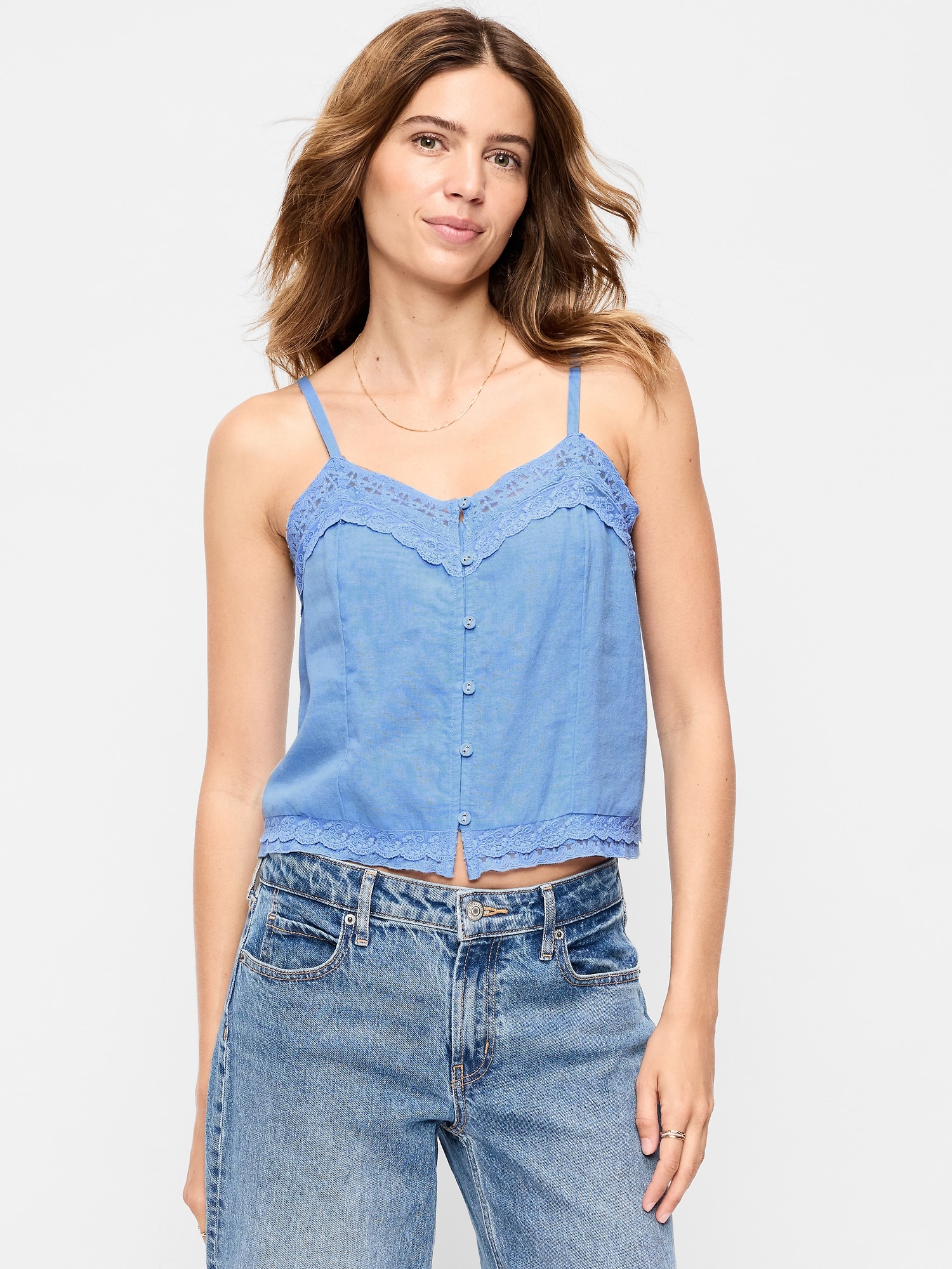 Lace-Trim Linen-Blend Cami Tank Top