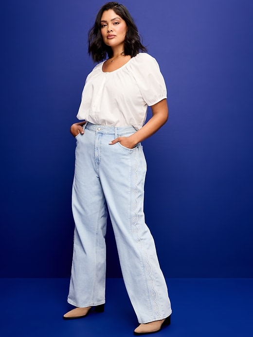 Image number 6 showing, Extra High-Waisted Embroidered Wide-Leg Jeans