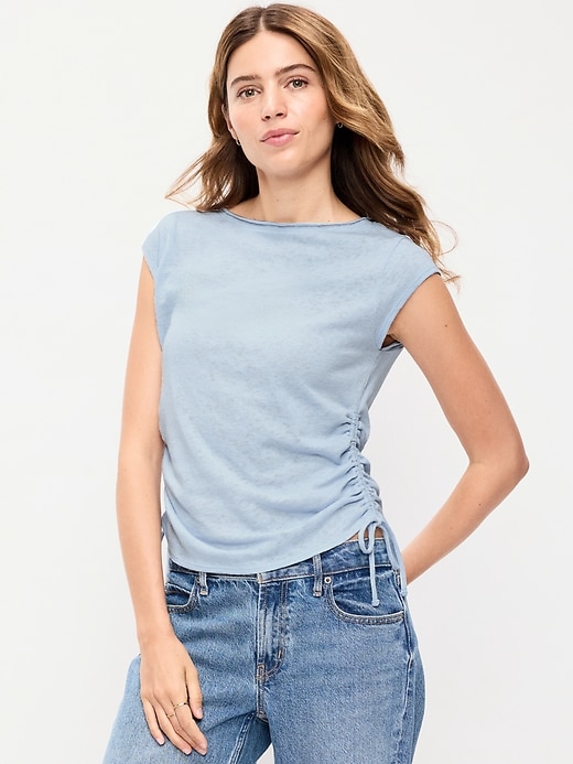 Image number 1 showing, Cap-Sleeve Shirred Side Top