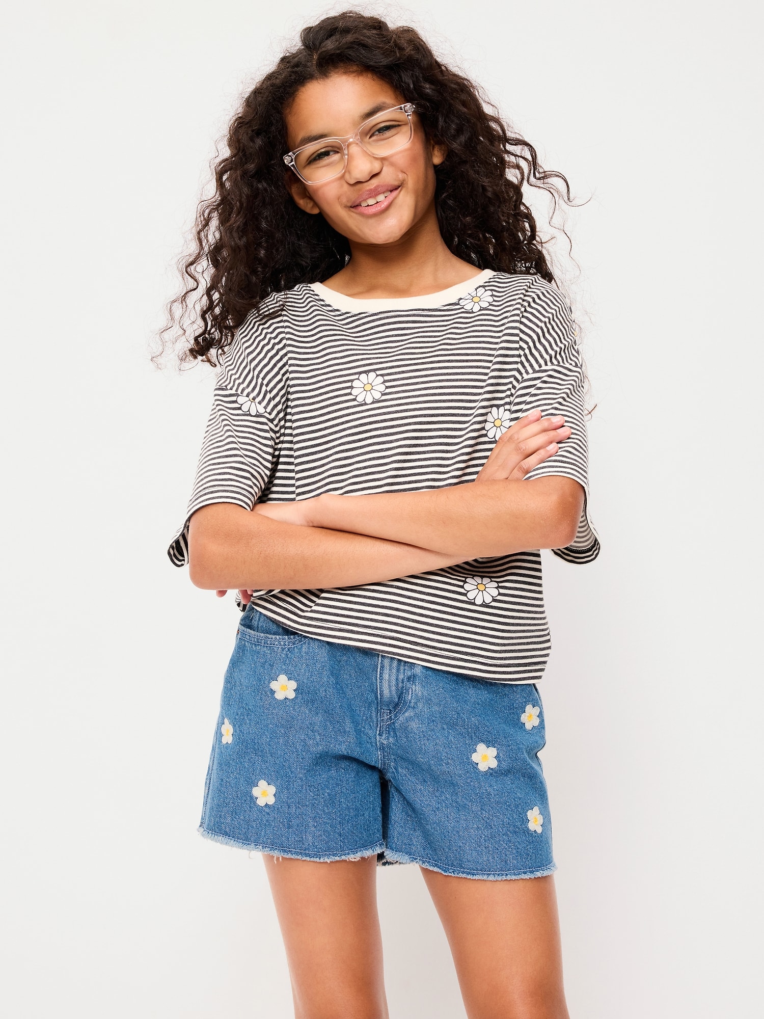High-Waisted Embroidered Frayed-Hem Jean Shorts for Girls