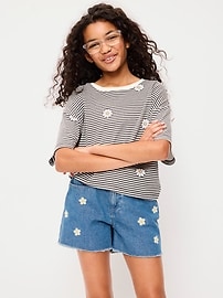 Image number 3 showing, High-Waisted Embroidered Frayed-Hem Jean Shorts for Girls