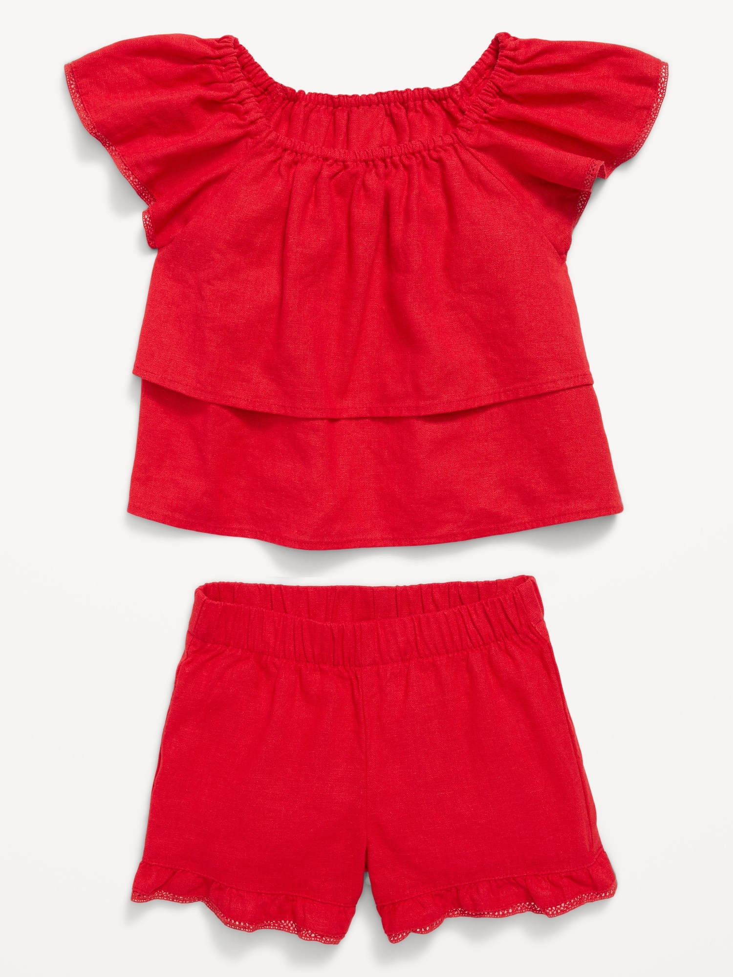 Short-Sleeve Ruffled Linen-Blend Top and Shorts Set for Toddler Girls