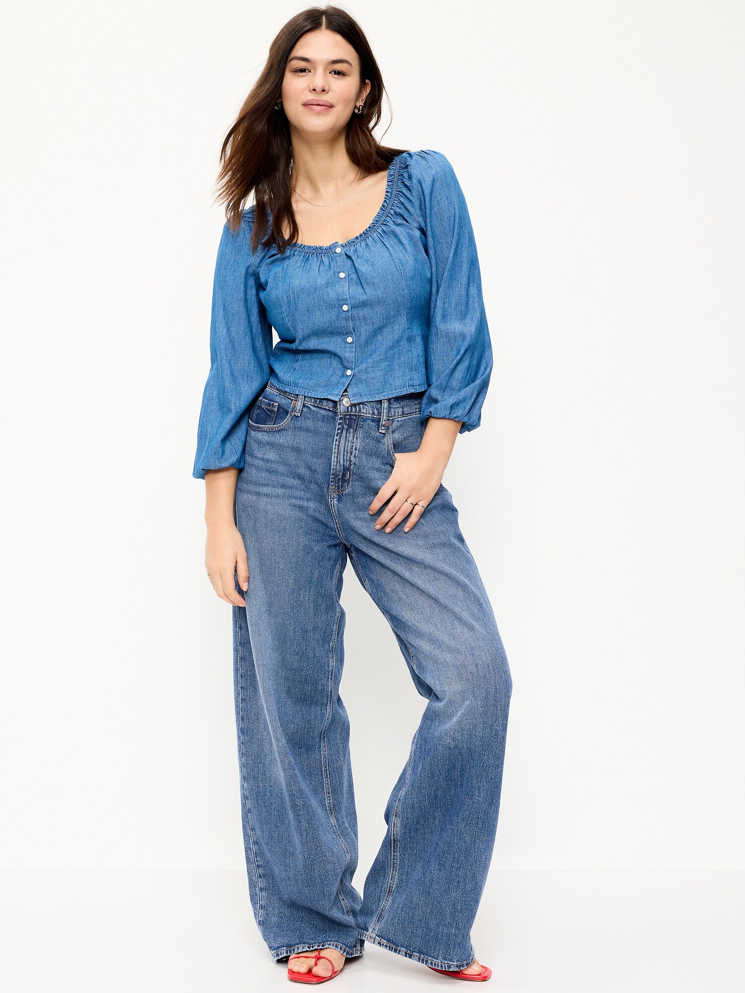Женские джинсы Old Navy High-Waisted Baggy Wide-Leg Stretch, цвет: Larkspur — фото 5