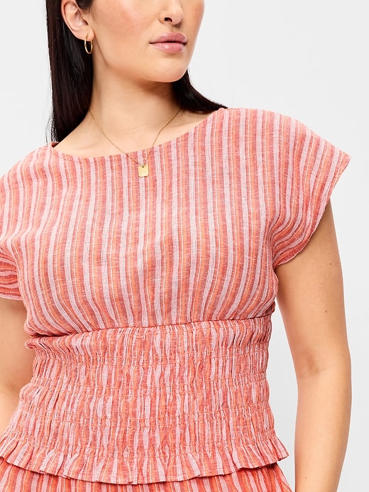 Image number 3 showing, Linen-Blend Short-Sleeve Smocked Top