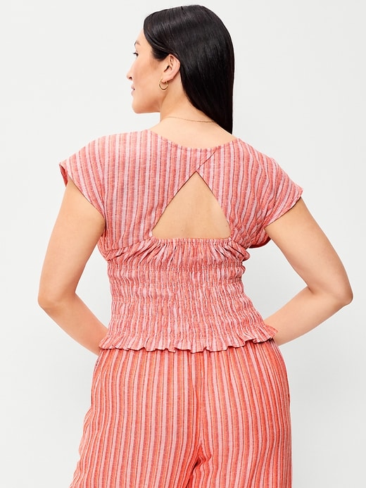 Image number 5 showing, Linen-Blend Short-Sleeve Smocked Top