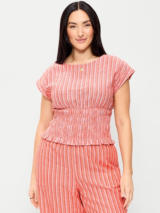 Image number 4 showing, Linen-Blend Short-Sleeve Smocked Top