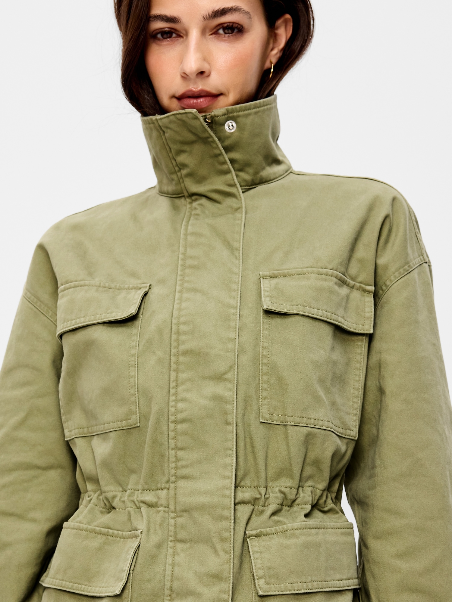 Cinched-Waist Satin Utility Jacket