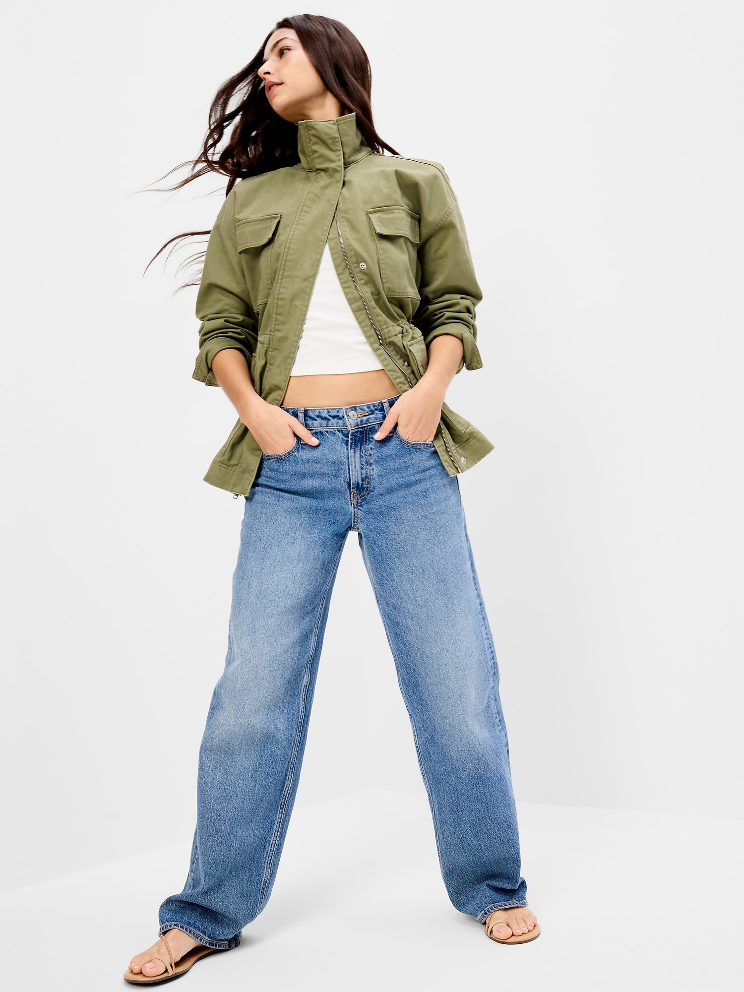 Cinched-Waist Satin Utility Jacket