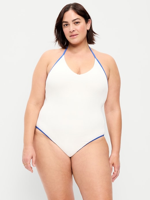 Image number 7 showing, Ribbed V-Neck Halter One-Piece Swimsuit