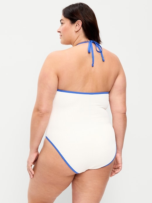 Image number 8 showing, Ribbed V-Neck Halter One-Piece Swimsuit