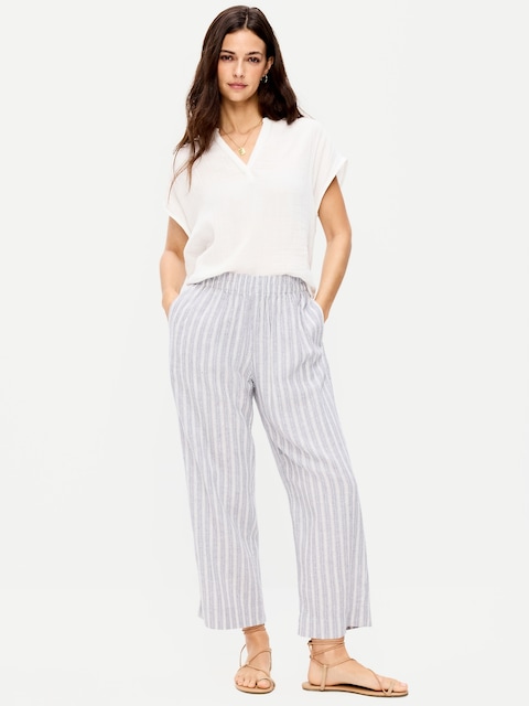 High-Waisted Linen-Blend Straight Ankle Pants