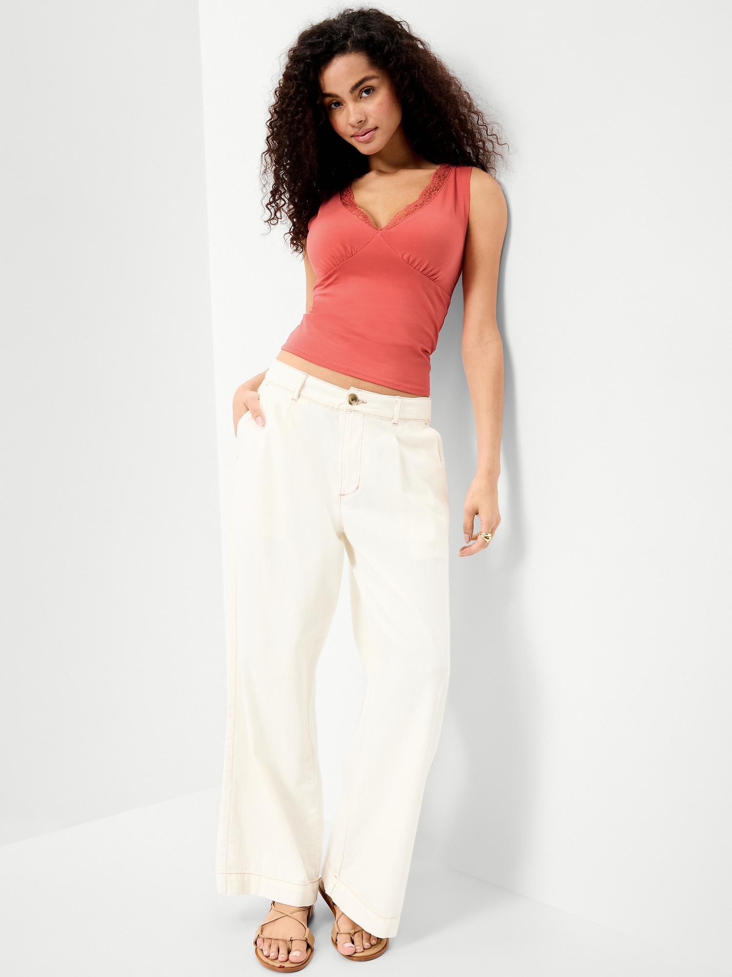 Sleeveless Lace-Trim V-Neck Top