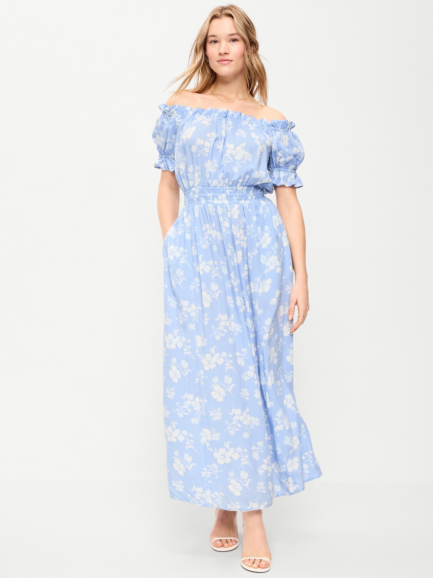 Женское платье Old Navy Off-The-Shoulder Boho Maxi, цвет: Синий с принтом — фото 6