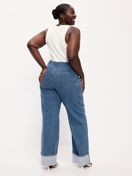 Image number 9 showing, Curvy Extra High-Waisted Cuffed Wide-Leg Jeans
