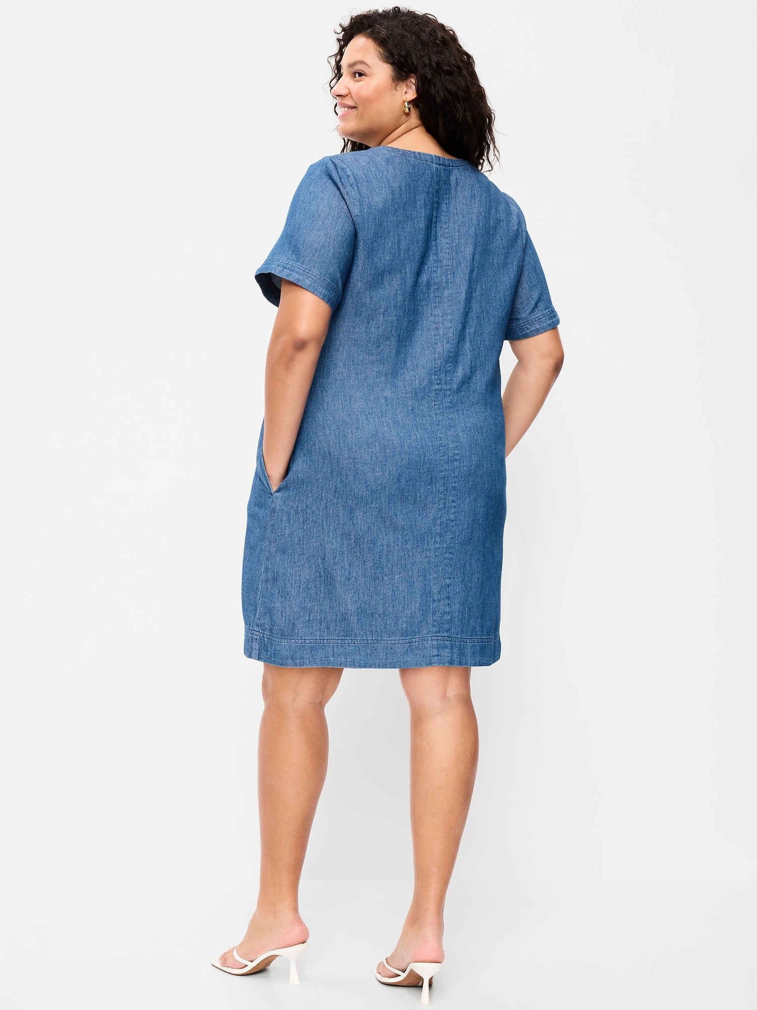 Short-Sleeve Denim Mini Shift Dress