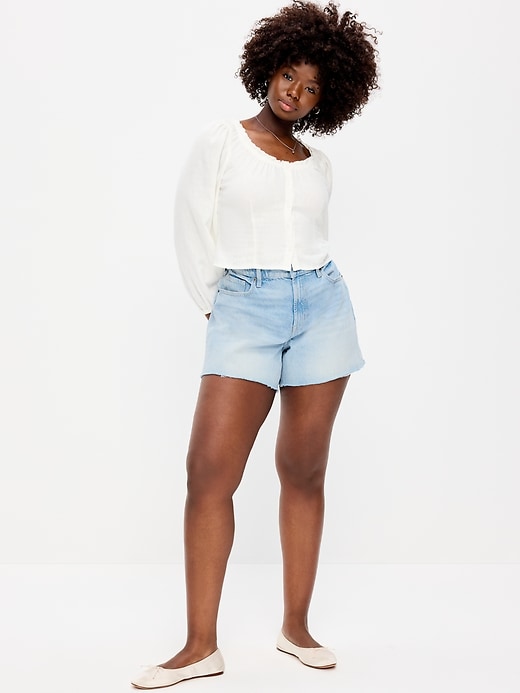 Image number 6 showing, Curvy High-Waisted Baggy Jean Cut-Off Shorts -- 5-inch inseam