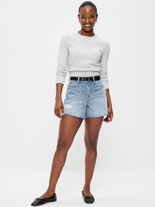 Image number 1 showing, Curvy High-Waisted Baggy Jean Shorts -- 5-inch inseam