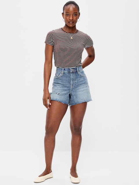 Curvy High-Waisted Baggy Jean Cut-Off Shorts -- 5-inch inseam