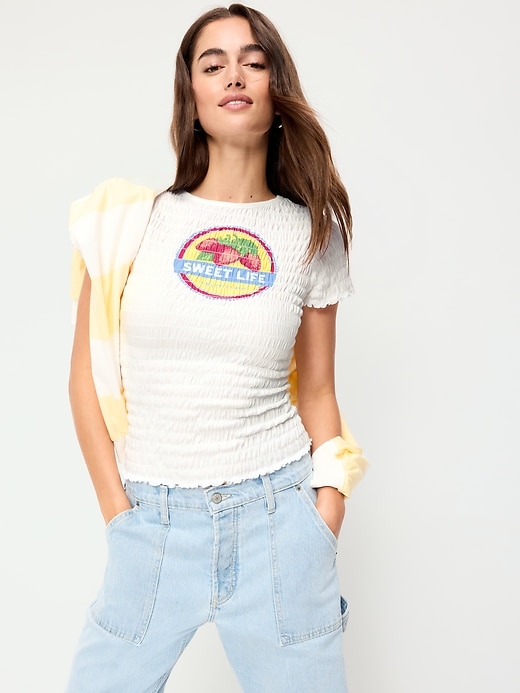 Image number 3 showing, Slit-Neck Smocked Graphic Top