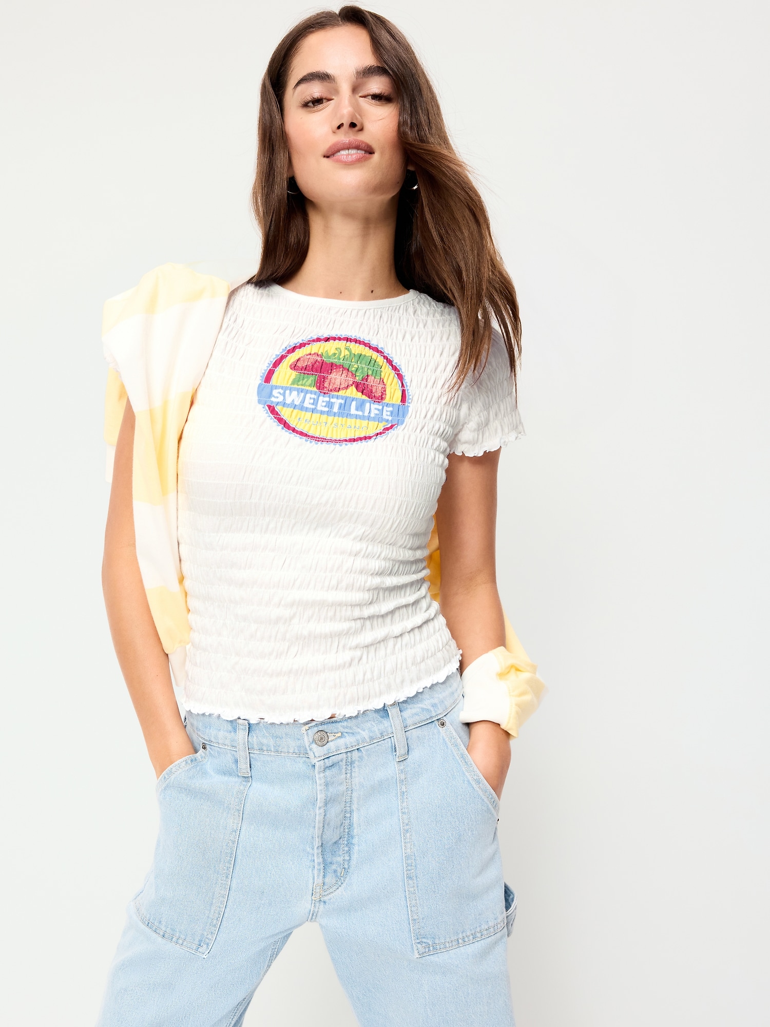 Slit-Neck Smocked Graphic Top