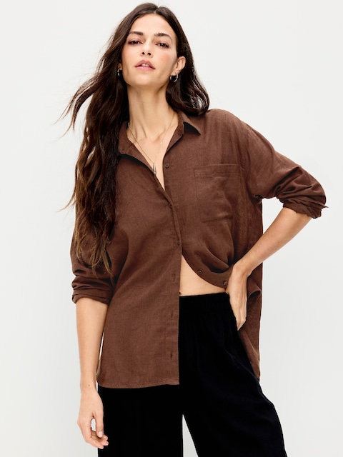 Linen-Blend Loose Button-Down Shirt