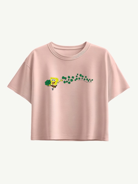 Spongebob SquarePants Shamrocks Short Sleeve Boxy Graphic T-Shirt For Girls